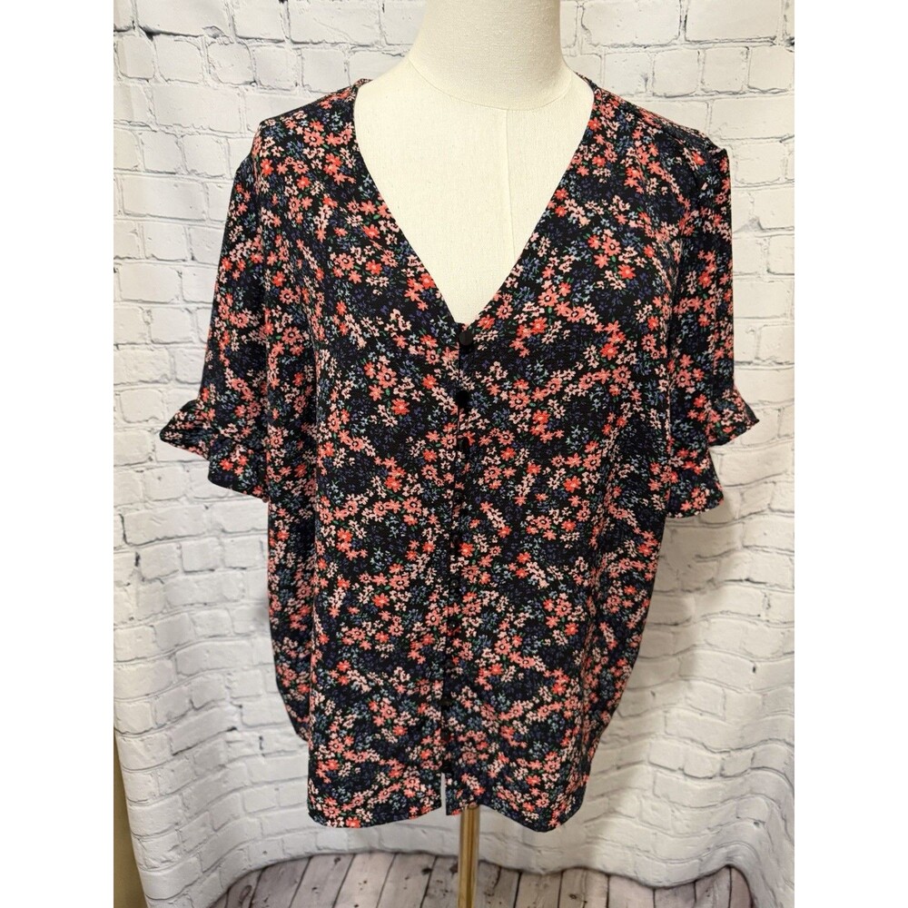 CeCe Women's Black Ditsy Floral Button Front Puff sleeve Blouse Plus Size 1X